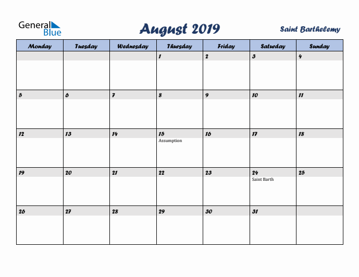 August 2019 Calendar with Holidays in Saint Barthelemy