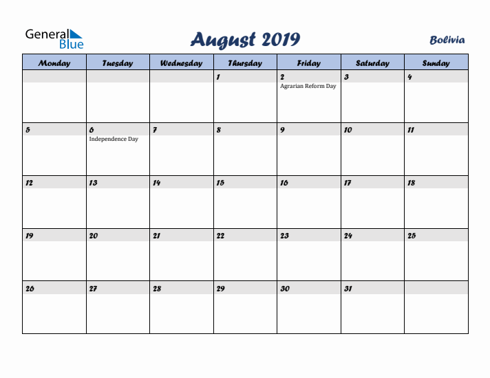 August 2019 Calendar with Holidays in Bolivia