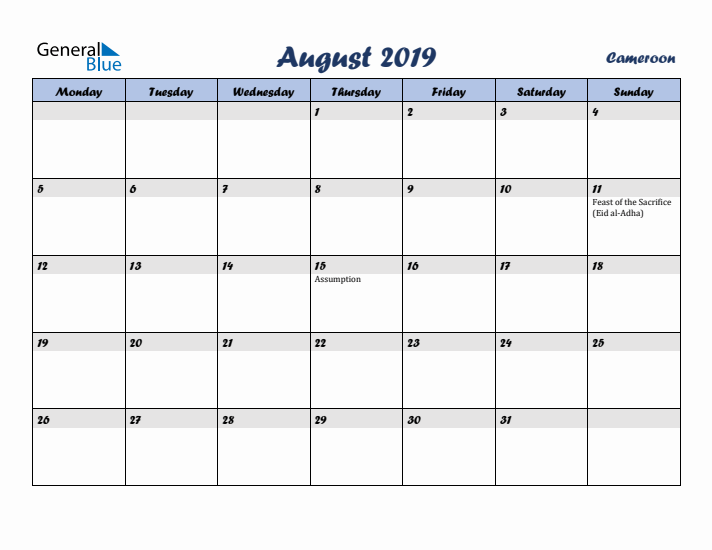 August 2019 Calendar with Holidays in Cameroon