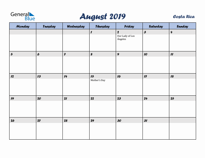 August 2019 Calendar with Holidays in Costa Rica