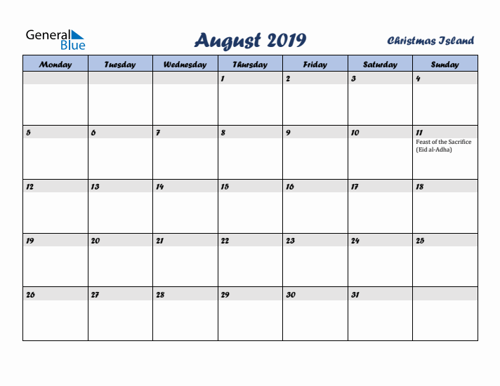 August 2019 Calendar with Holidays in Christmas Island
