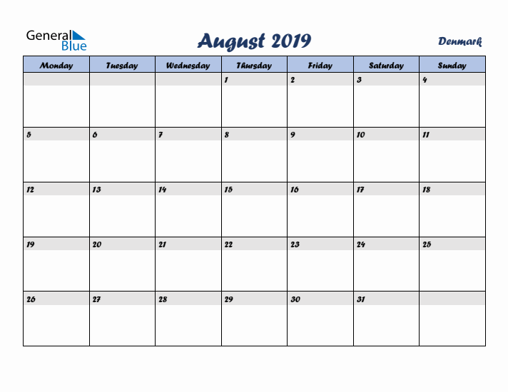 August 2019 Calendar with Holidays in Denmark