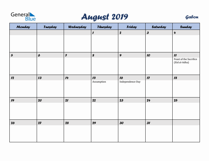 August 2019 Calendar with Holidays in Gabon