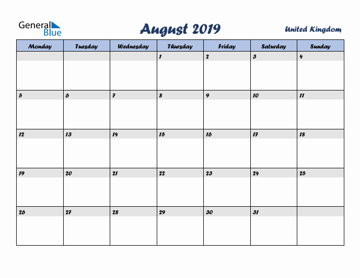 August 2019 Calendar with Holidays in United Kingdom