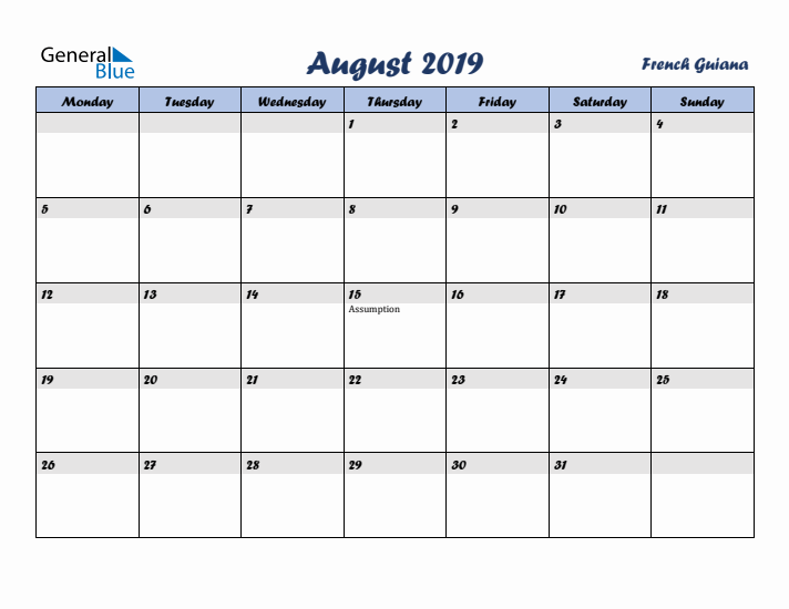 August 2019 Calendar with Holidays in French Guiana
