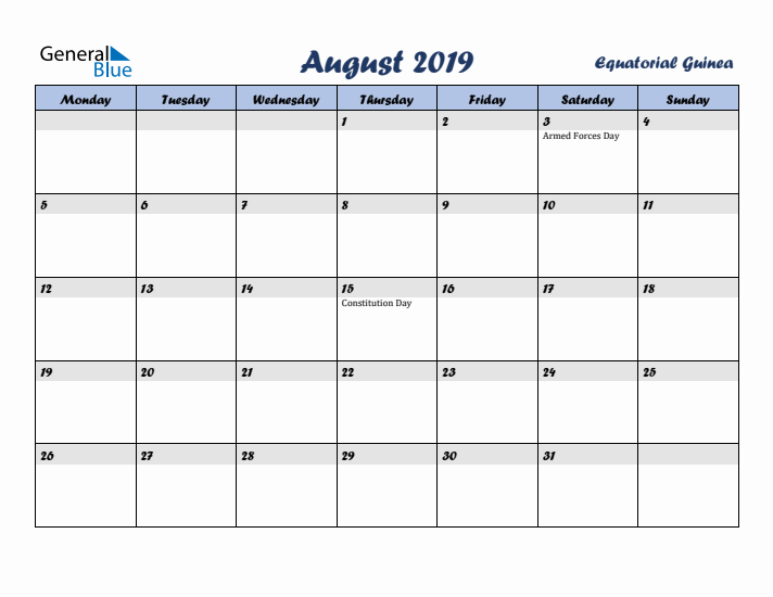 August 2019 Calendar with Holidays in Equatorial Guinea