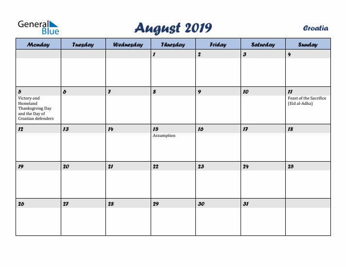 August 2019 Calendar with Holidays in Croatia