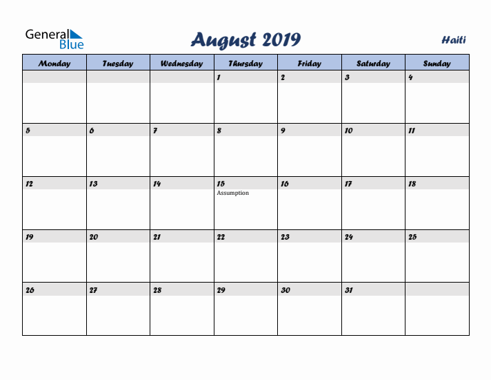 August 2019 Calendar with Holidays in Haiti