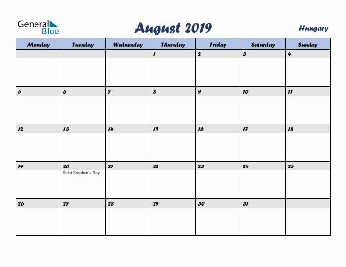 August 2019 Calendar with Holidays in Hungary