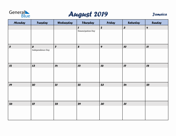 August 2019 Calendar with Holidays in Jamaica