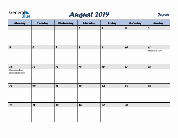 August 2019 Calendar with Holidays in Japan
