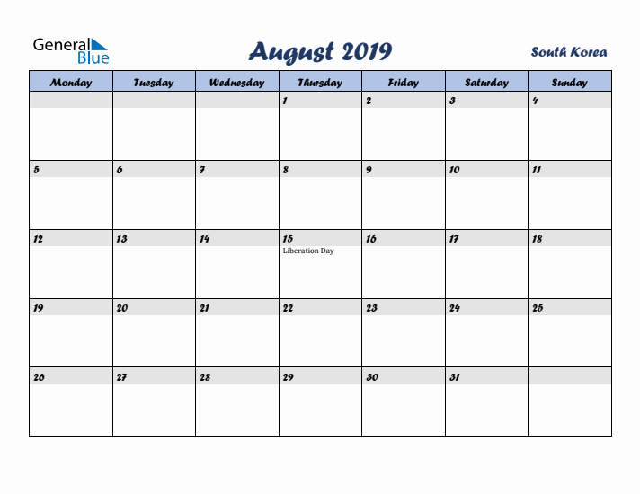 August 2019 Calendar with Holidays in South Korea