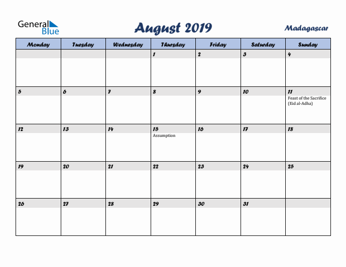August 2019 Calendar with Holidays in Madagascar