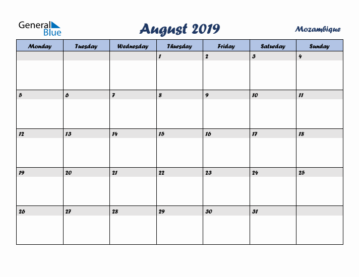 August 2019 Calendar with Holidays in Mozambique