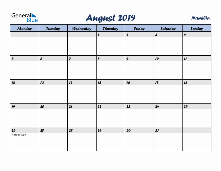 August 2019 Calendar with Holidays in Namibia