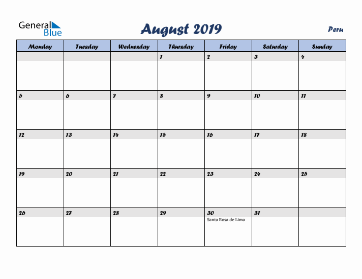 August 2019 Calendar with Holidays in Peru