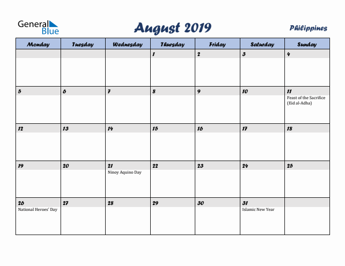 August 2019 Calendar with Holidays in Philippines