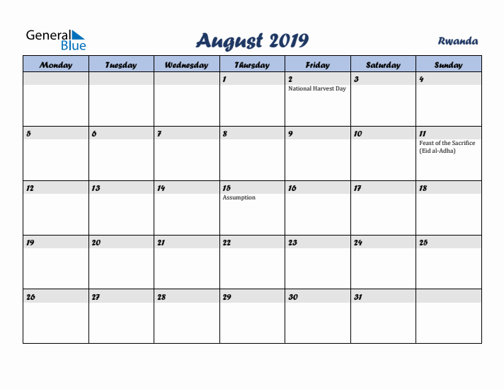 August 2019 Calendar with Holidays in Rwanda