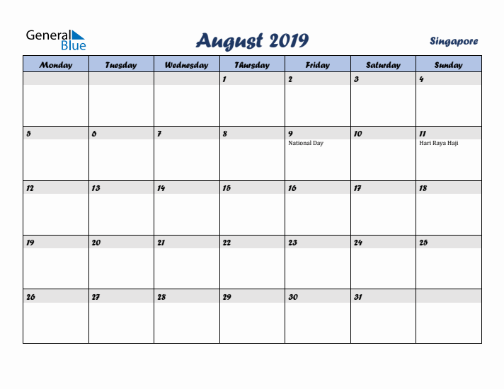 August 2019 Calendar with Holidays in Singapore