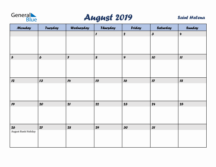August 2019 Calendar with Holidays in Saint Helena