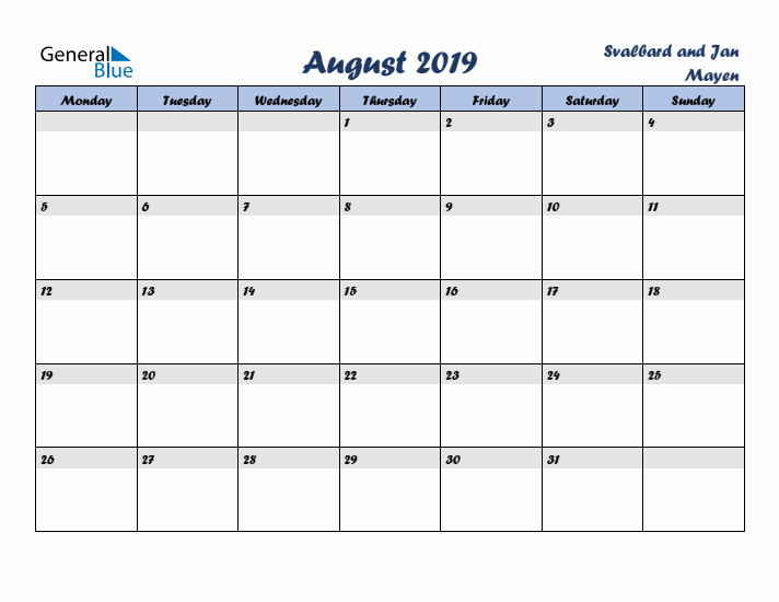 August 2019 Calendar with Holidays in Svalbard and Jan Mayen
