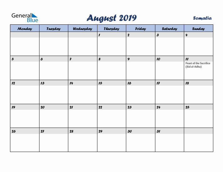 August 2019 Calendar with Holidays in Somalia
