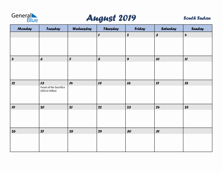 August 2019 Calendar with Holidays in South Sudan