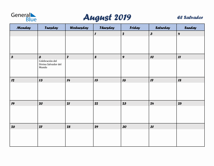 August 2019 Calendar with Holidays in El Salvador