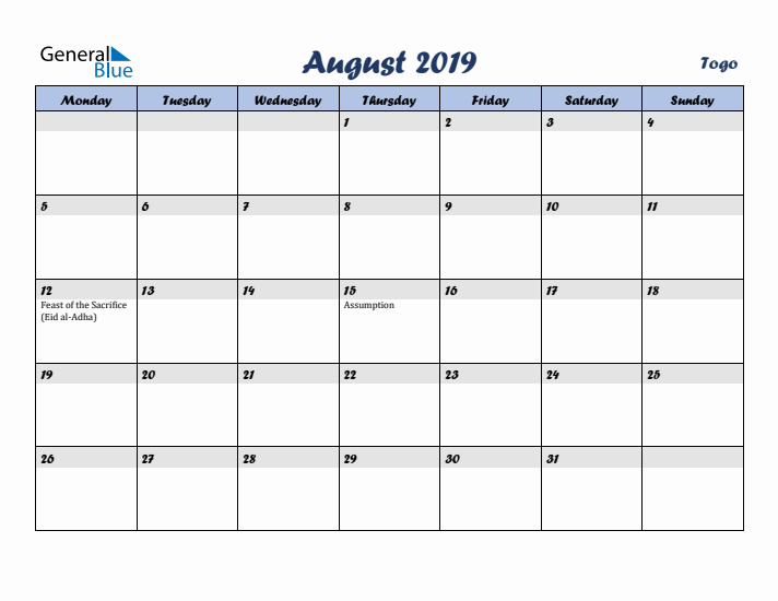 August 2019 Calendar with Holidays in Togo