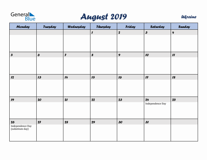 August 2019 Calendar with Holidays in Ukraine