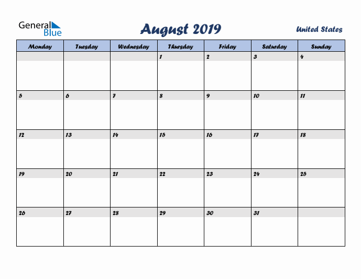 August 2019 Calendar with Holidays in United States