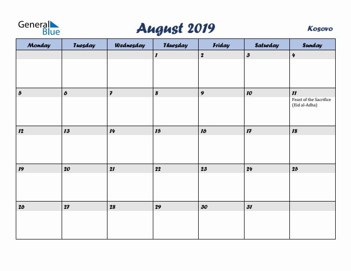 August 2019 Calendar with Holidays in Kosovo