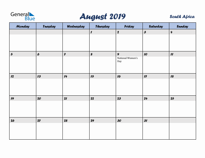 August 2019 Calendar with Holidays in South Africa