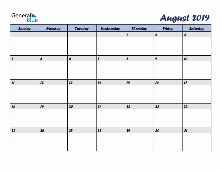 August 2019 Blue Calendar (Sunday Start)