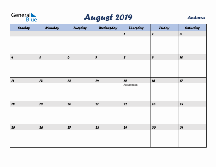 August 2019 Calendar with Holidays in Andorra