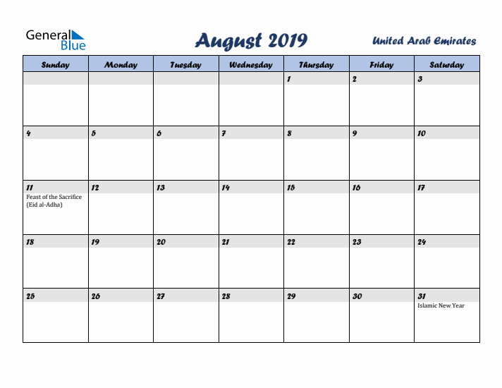 August 2019 Calendar with Holidays in United Arab Emirates