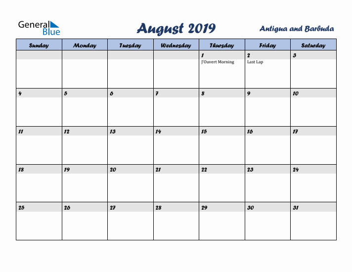 August 2019 Calendar with Holidays in Antigua and Barbuda