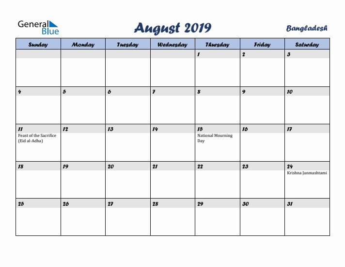 August 2019 Calendar with Holidays in Bangladesh