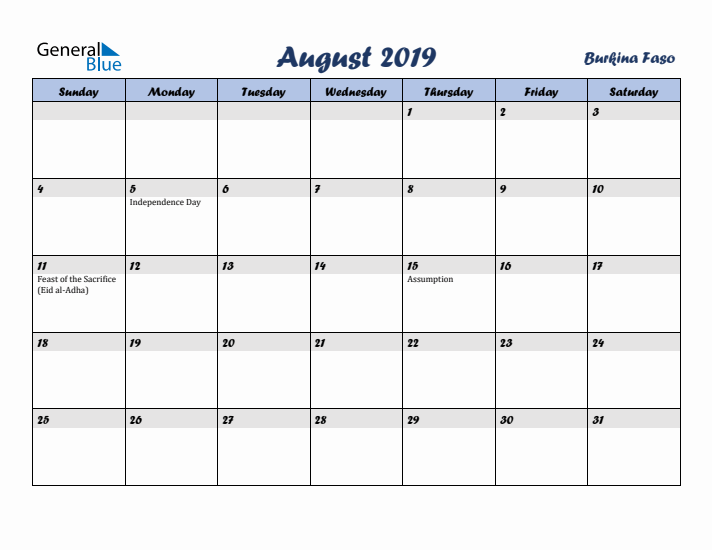 August 2019 Calendar with Holidays in Burkina Faso