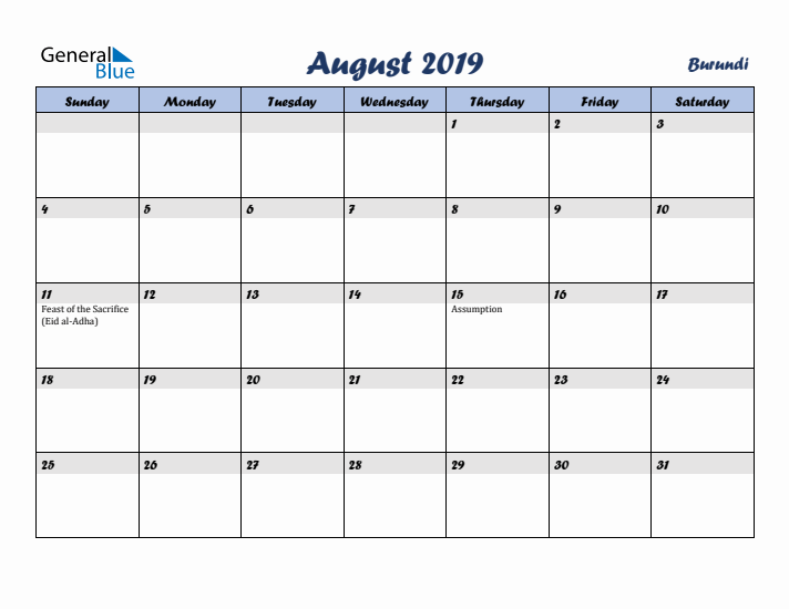 August 2019 Calendar with Holidays in Burundi