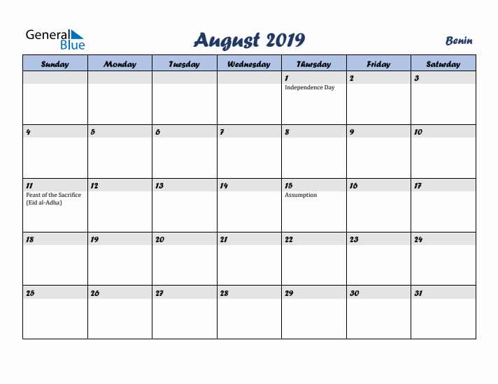 August 2019 Calendar with Holidays in Benin