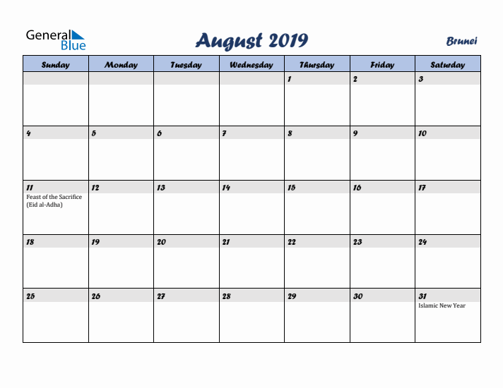 August 2019 Calendar with Holidays in Brunei