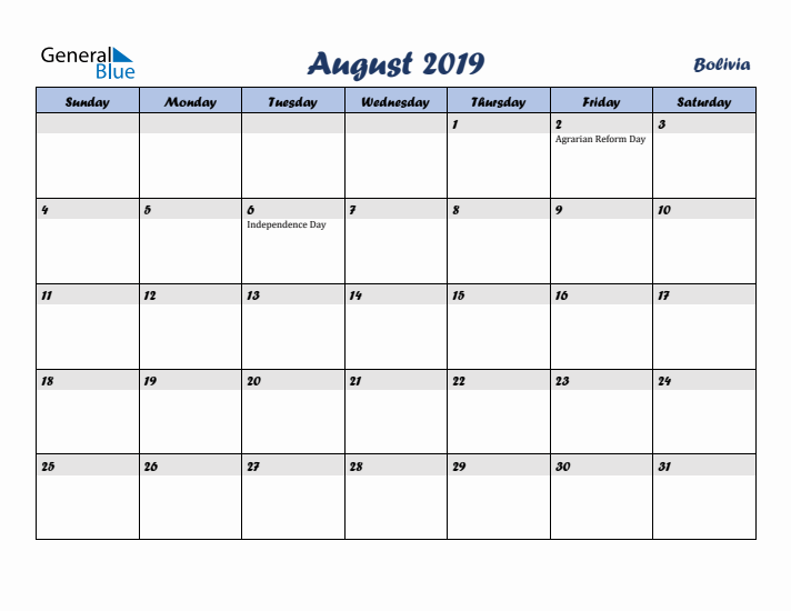 August 2019 Calendar with Holidays in Bolivia
