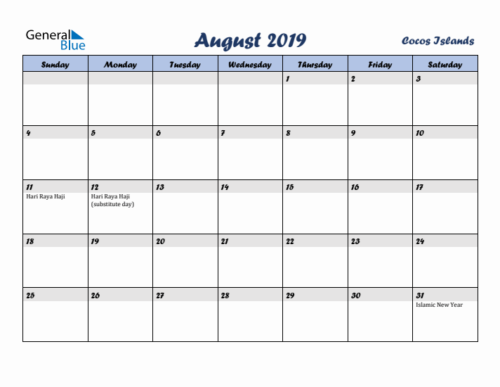 August 2019 Calendar with Holidays in Cocos Islands