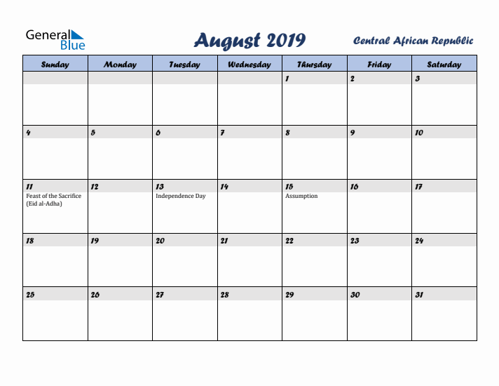 August 2019 Calendar with Holidays in Central African Republic