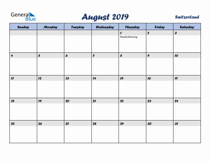 August 2019 Calendar with Holidays in Switzerland