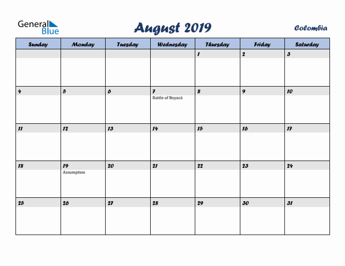 August 2019 Calendar with Holidays in Colombia