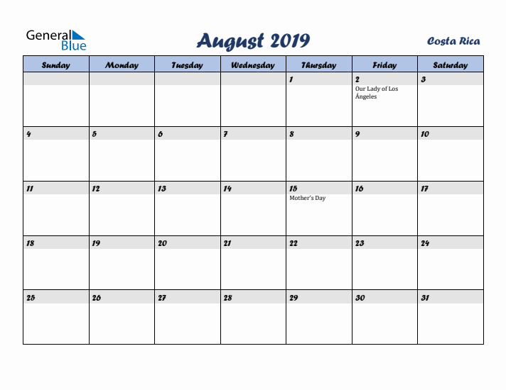 August 2019 Calendar with Holidays in Costa Rica