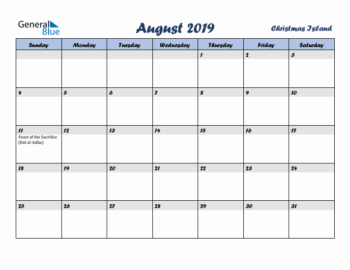 August 2019 Calendar with Holidays in Christmas Island