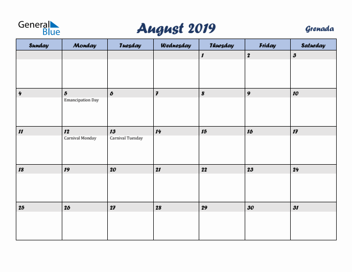 August 2019 Calendar with Holidays in Grenada
